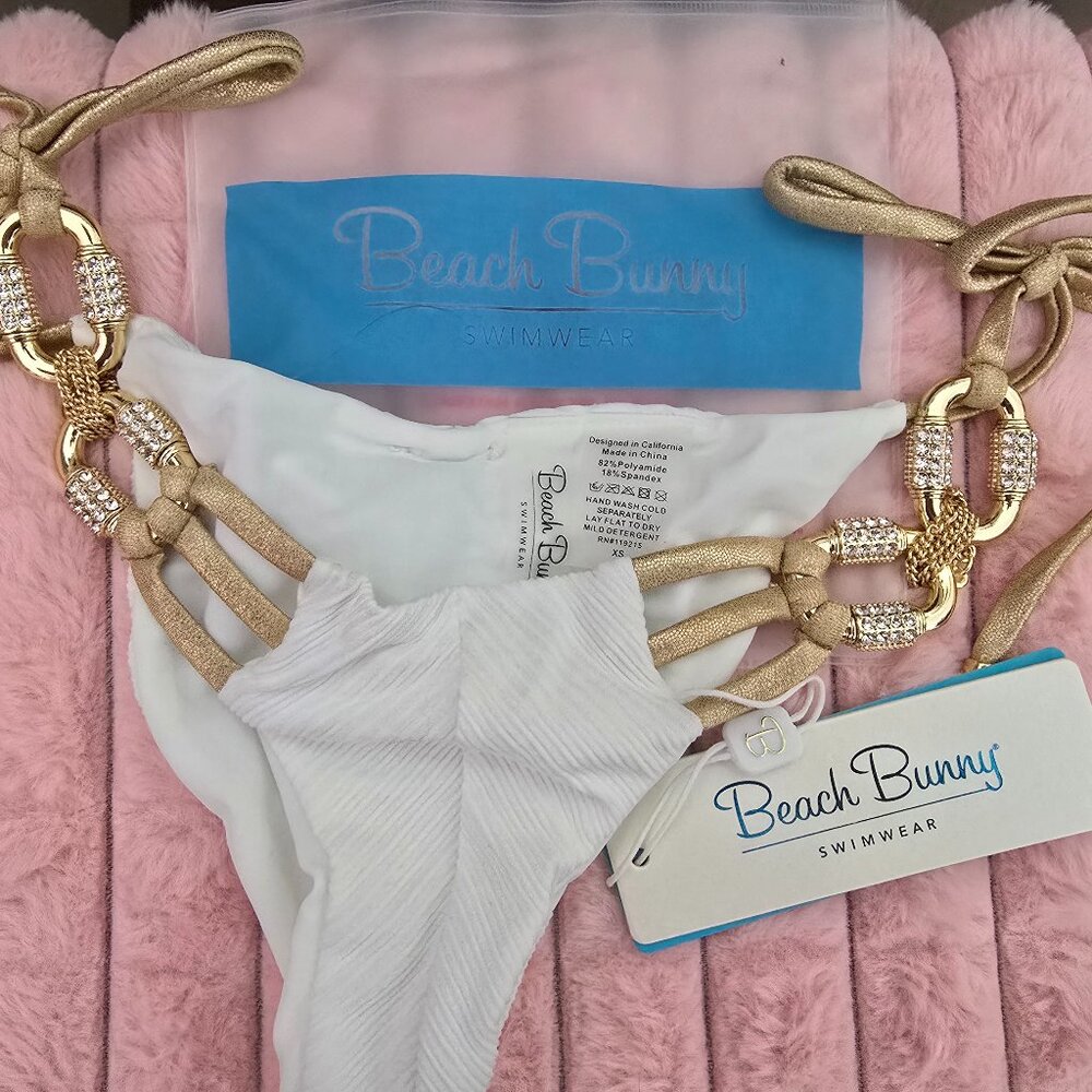 White Beach Bunny Swim Bottoms with gold metal sides